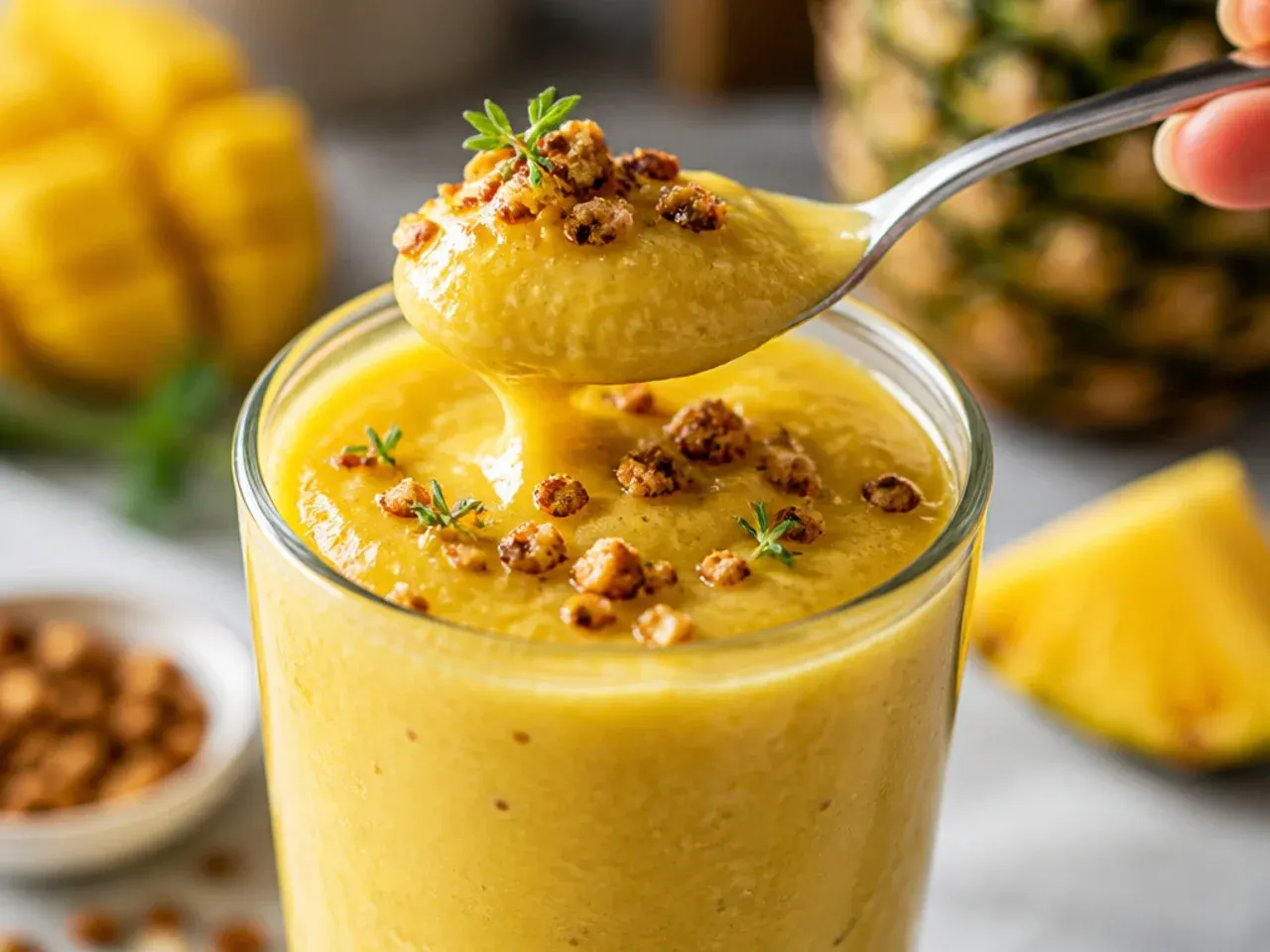 Fresh mango pineapple smoothie garnished with a lime wedge and pineapple leaves