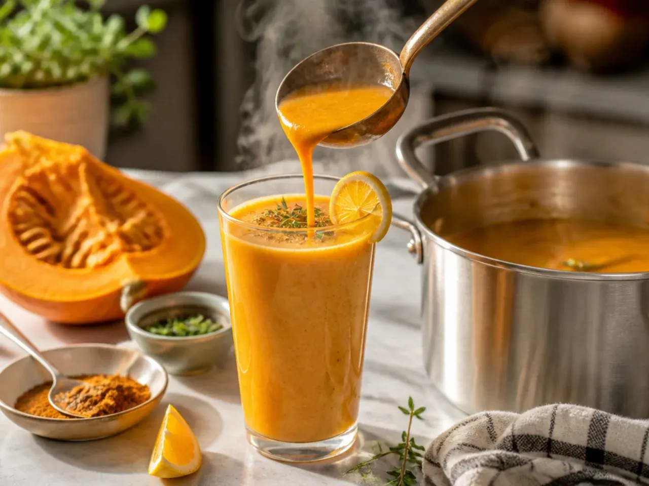 Spiced pumpkin smoothie in a glass mug topped with cinnamon and pumpkin seeds