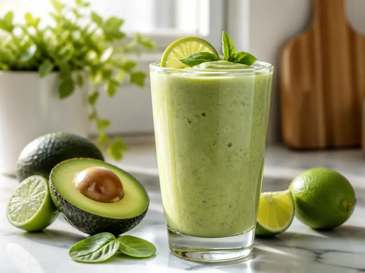 Pale green avocado lime smoothie with a lime wheel resting on the glass rim