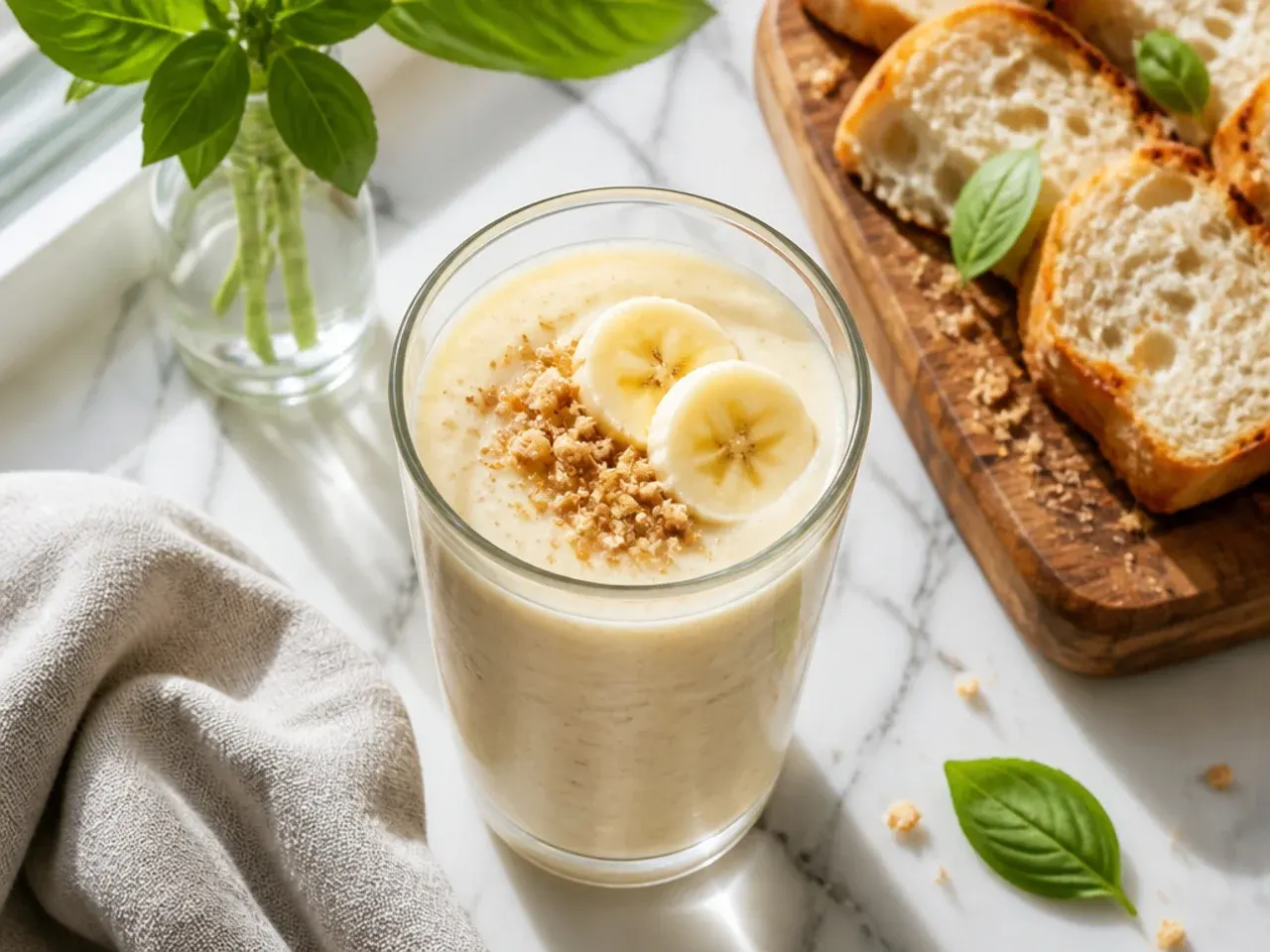 Simple two-ingredient banana smoothie poured into a plain glass