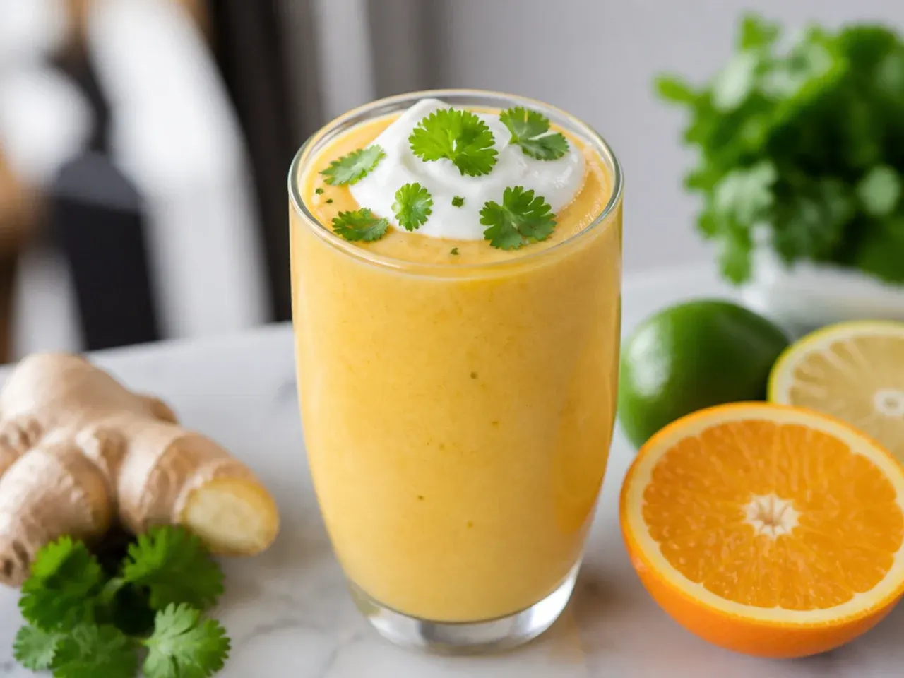 Zesty orange and ginger smoothie with a mint leaf garnish