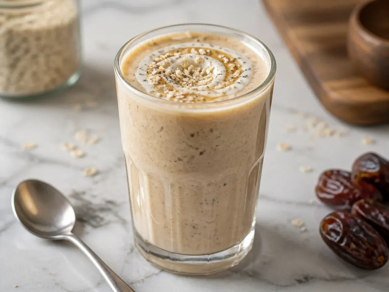 Wholesome oat and date smoothie in a mason jar with rolled oats scattered around