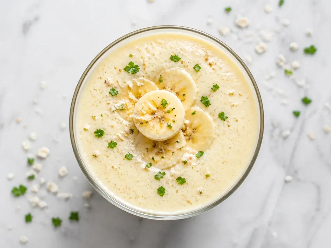 Budget-friendly banana milk smoothie next to a bunch of ripe bananas