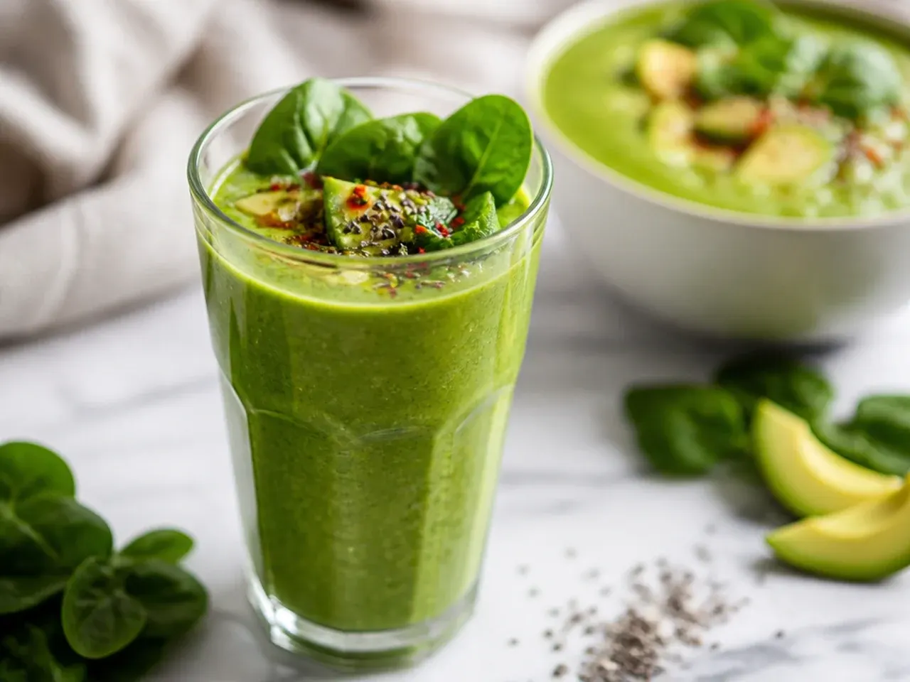 Bright green detox smoothie in a glass with fresh spinach leaves nearby