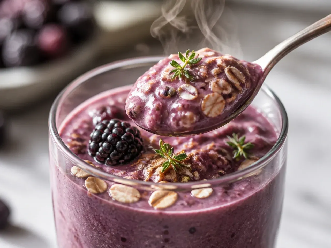 Rustic blackberry oat smoothie with a yogurt swirl on top