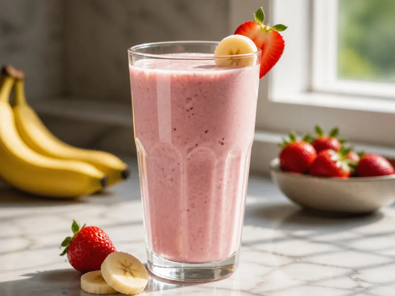 Pink strawberry banana smoothie in small cups ready for kids