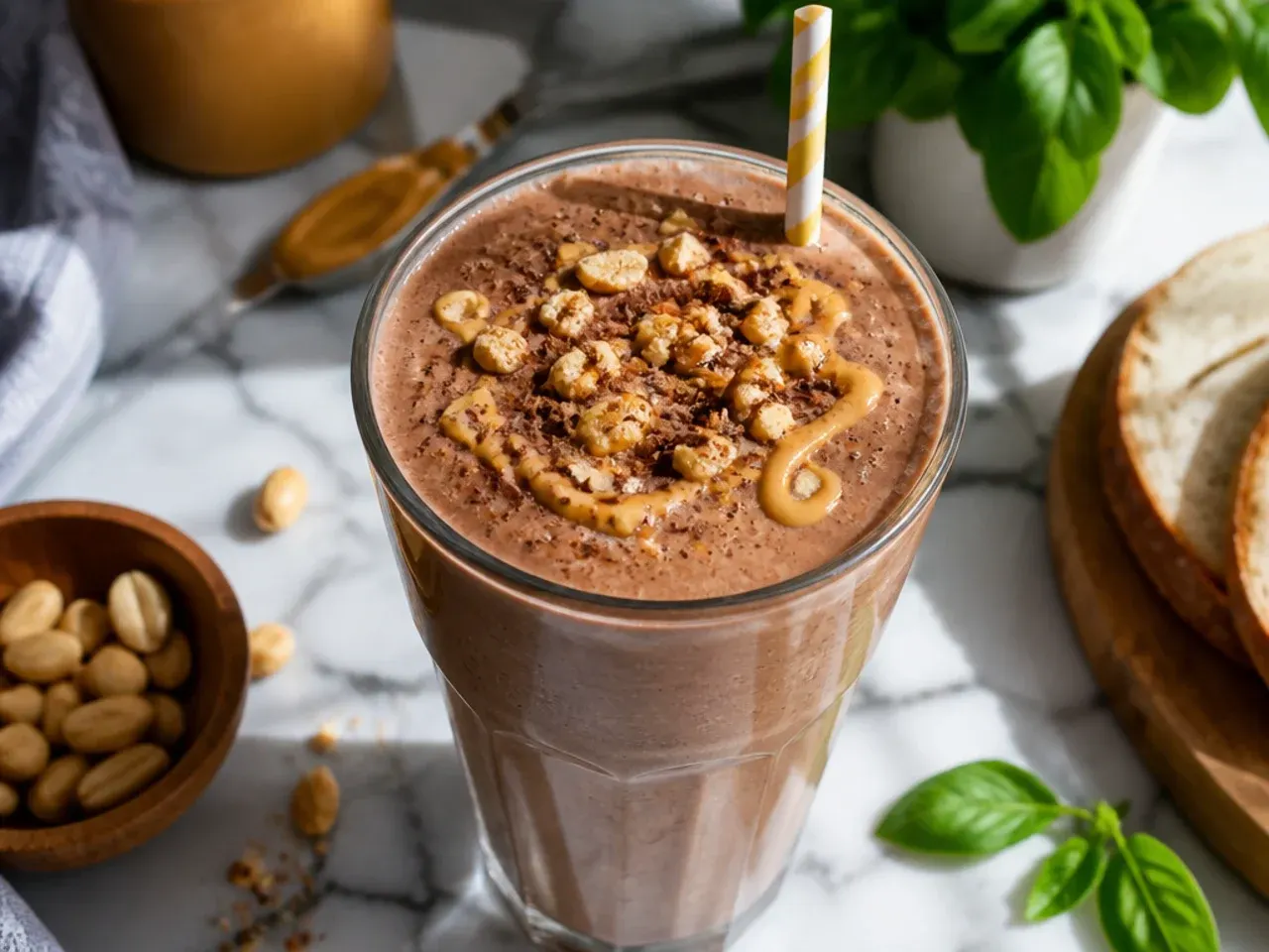 Rich chocolate peanut butter smoothie topped with a dusting of cocoa powder