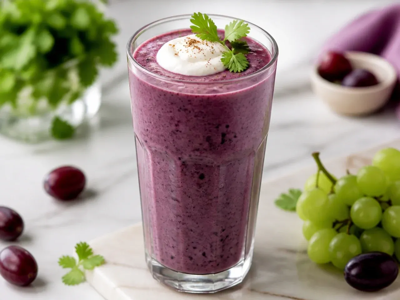 Quick frozen grape smoothie with a thick, sorbet-like texture in a glass