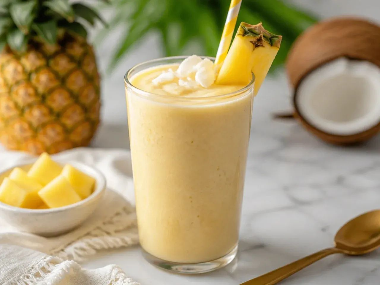 Classic piña colada smoothie garnished with toasted coconut flakes