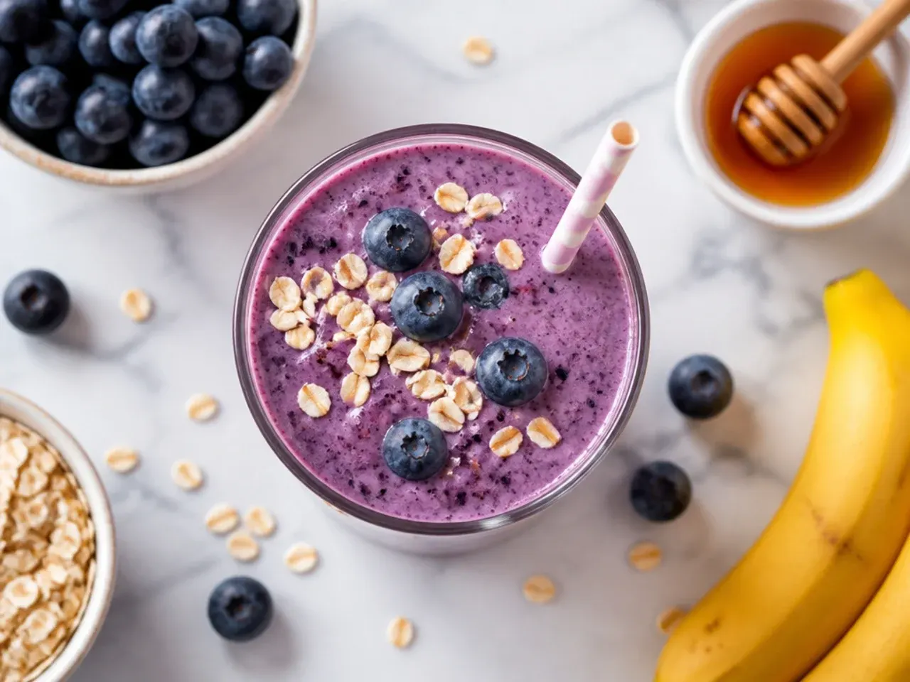 Easy blueberry oat smoothie in a glass with a straw and scattered oats