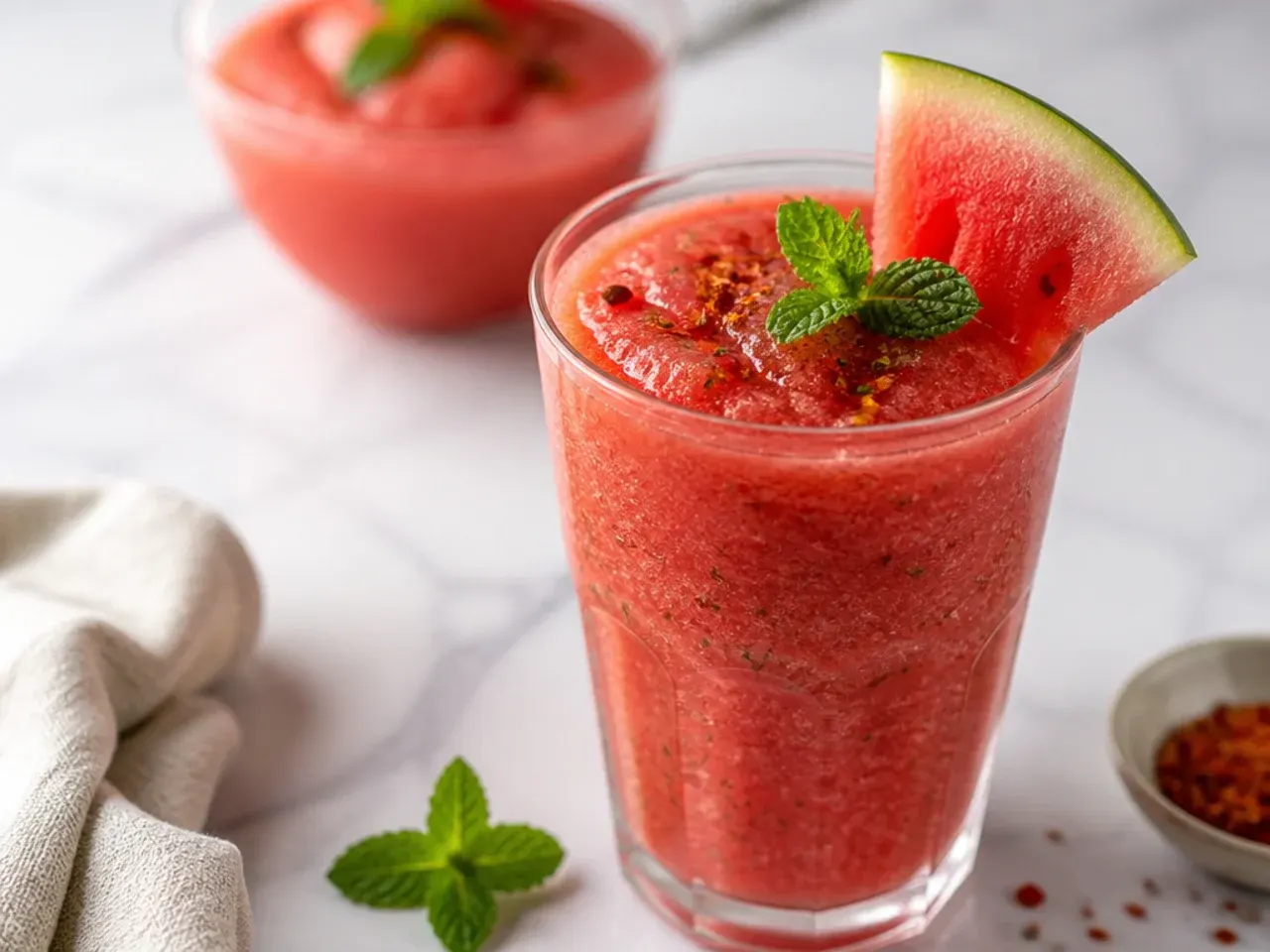 Refreshing pink watermelon mint smoothie with a fresh mint sprig garnish
