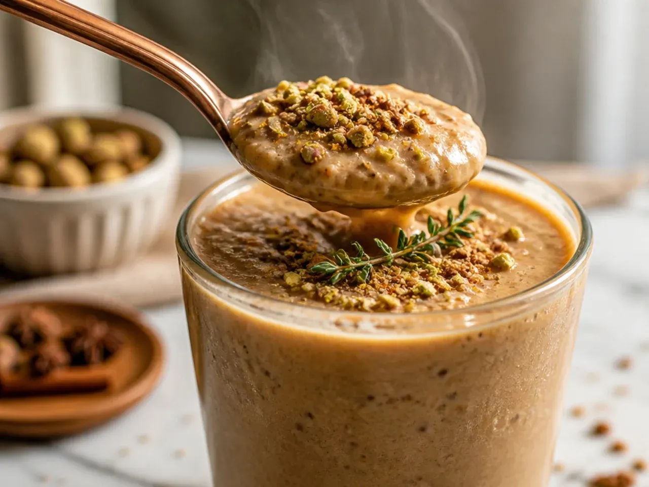 Cozy chai spice smoothie dusted with cinnamon in a rustic mug