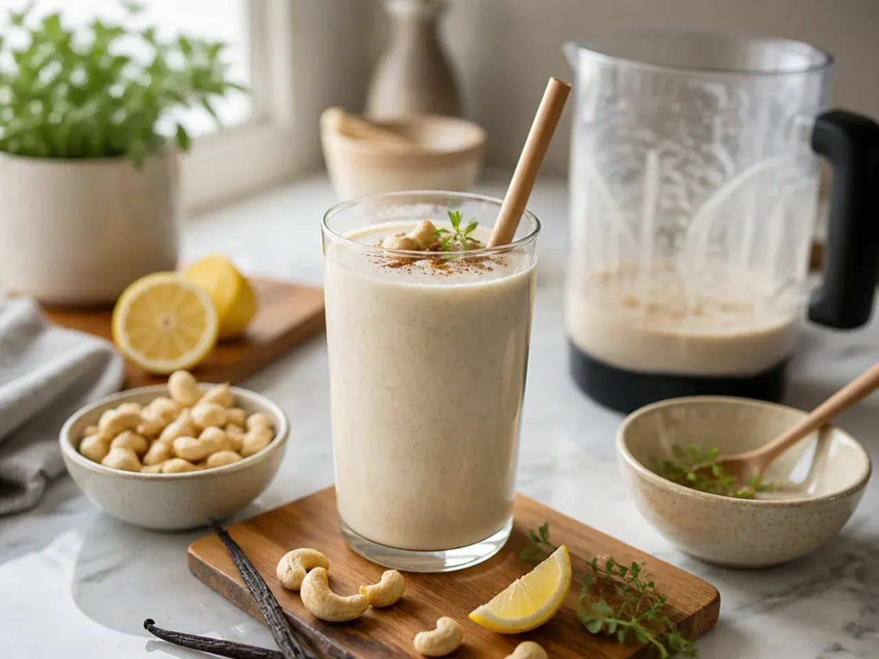 Creamy cashew vanilla smoothie in a glass with a light caramel-coloured hue
