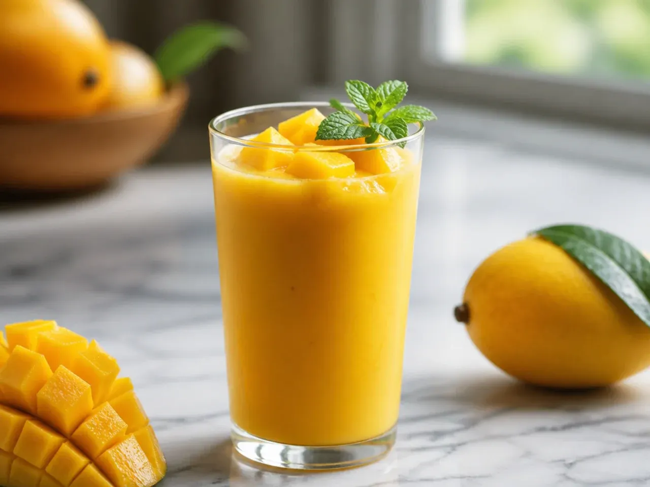 Bright orange mango smoothie in a tall glass with mango cubes on the side