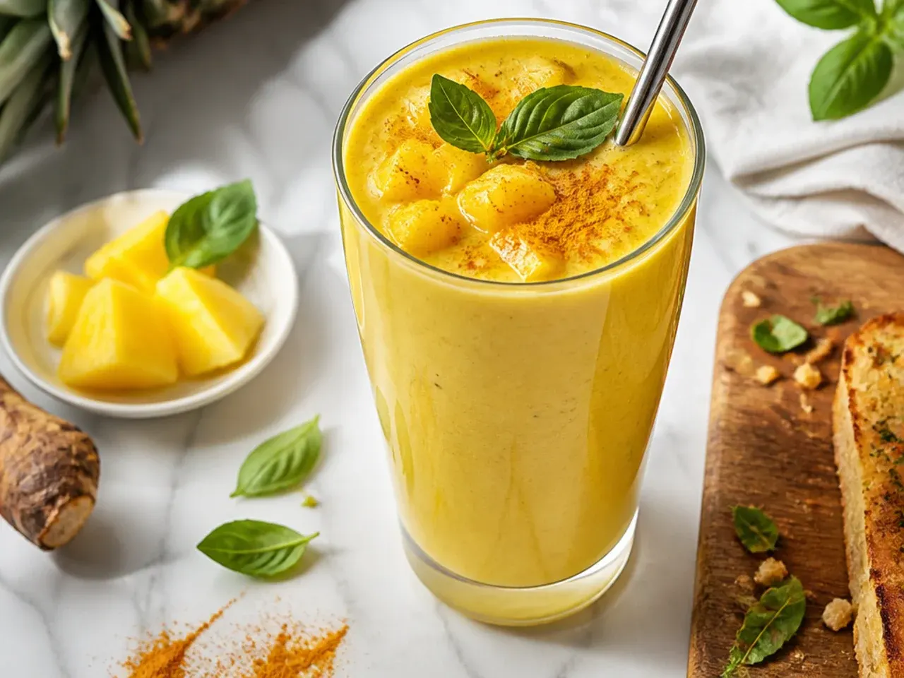 Golden pineapple turmeric smoothie with a dusting of turmeric on top