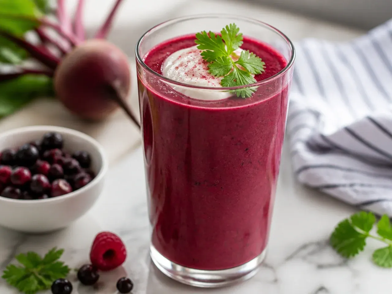 Deep magenta beetroot berry smoothie in a glass with fresh beetroot slices nearby