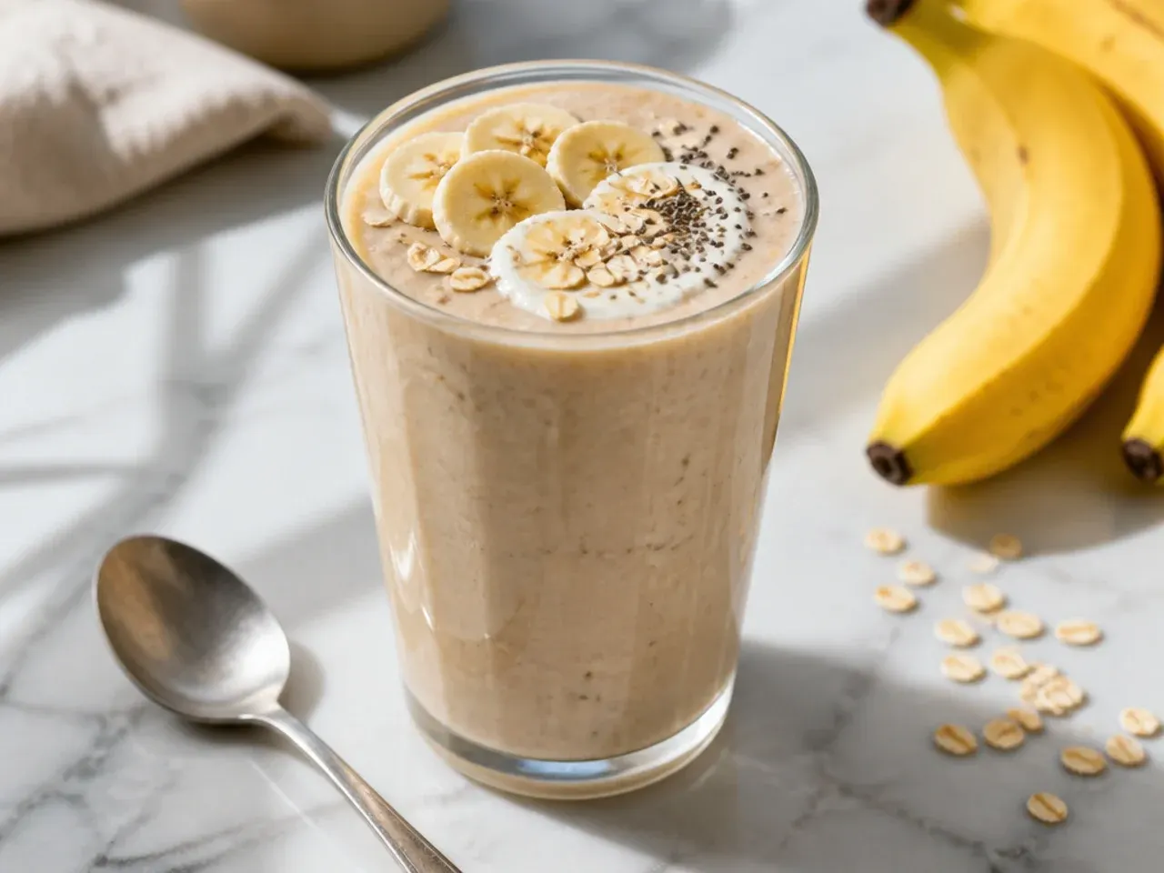 Budget porridge oat banana smoothie in a glass with a spoon of oats beside it