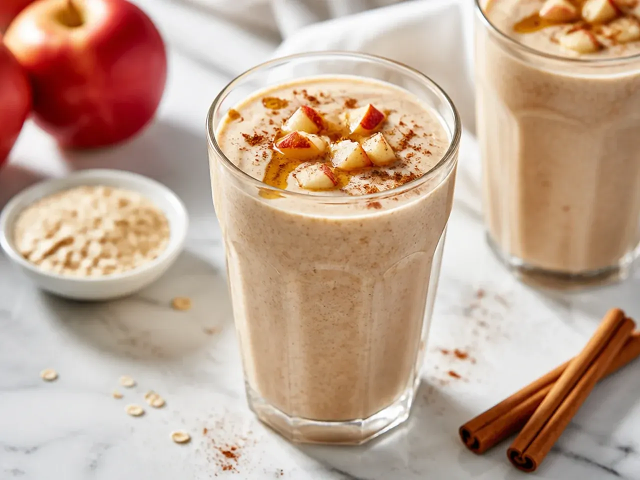 Rustic apple cinnamon smoothie with apple slices and a cinnamon stick garnish