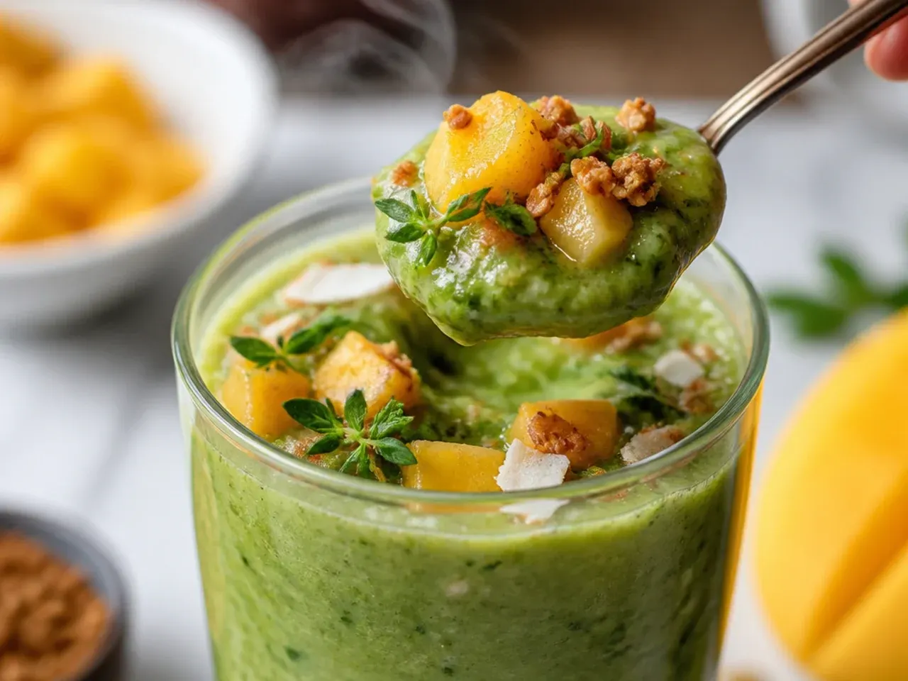 Loaded tropical green smoothie topped with pineapple chunks and coconut flakes