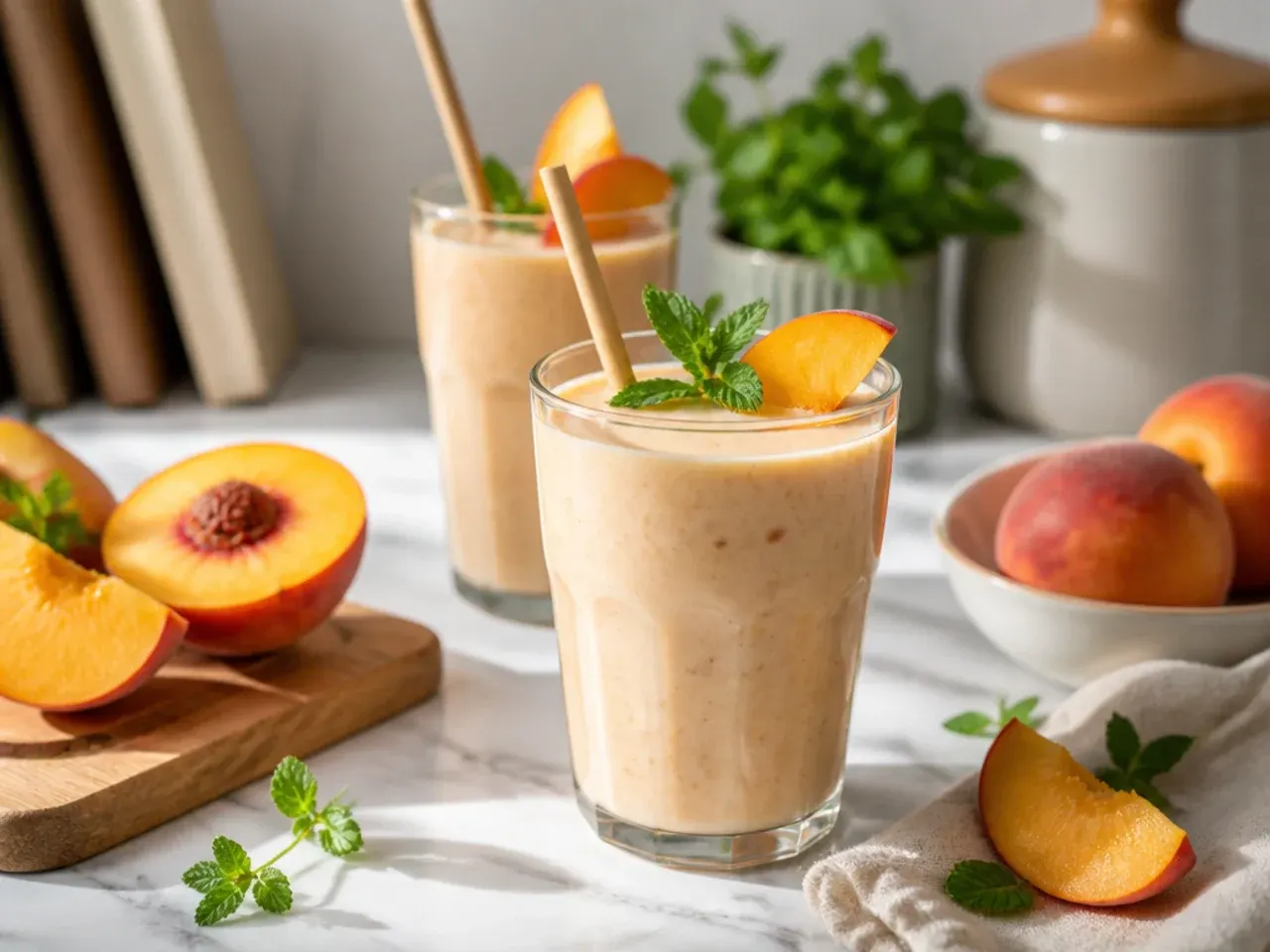 Soft peach yoghurt smoothie in a glass with fresh peach slices on the rim
