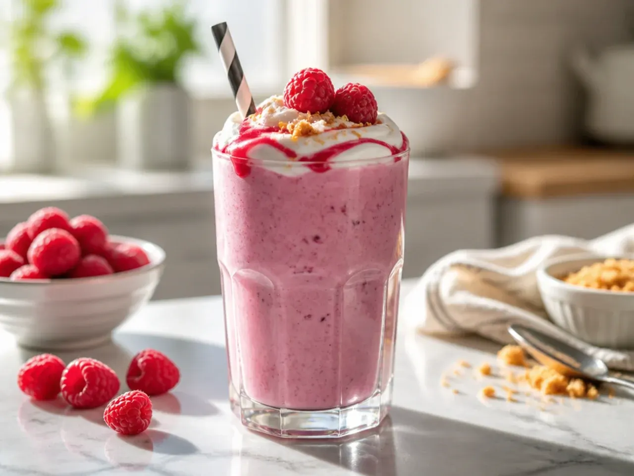 Best-ever raspberry cheesecake smoothie topped with crushed biscuit crumbs
