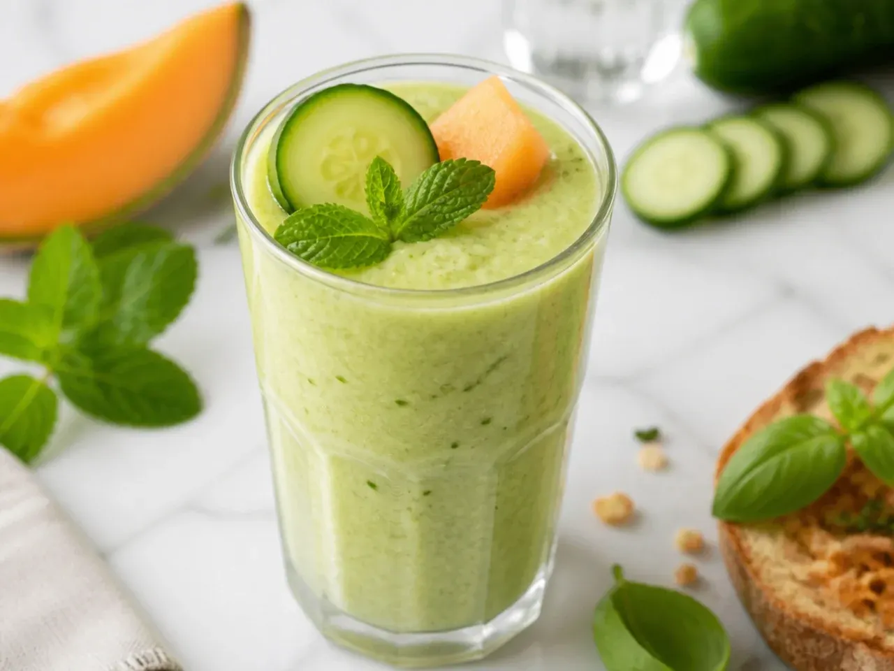 Pale green cucumber melon smoothie in a glass with cucumber slices on the side
