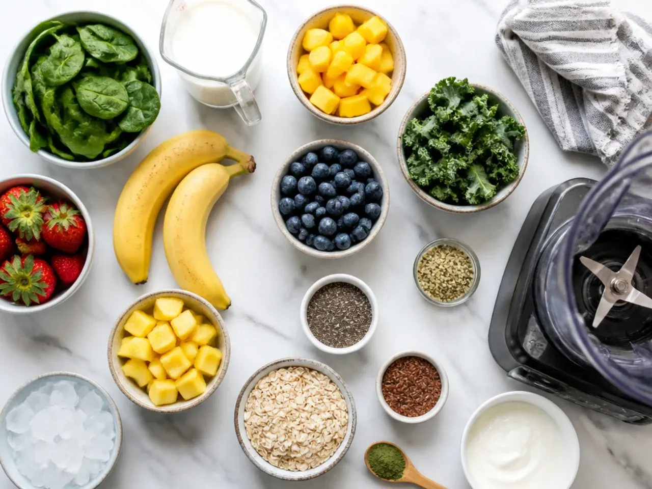 Close-up of hands adding frozen fruit to a blender jug