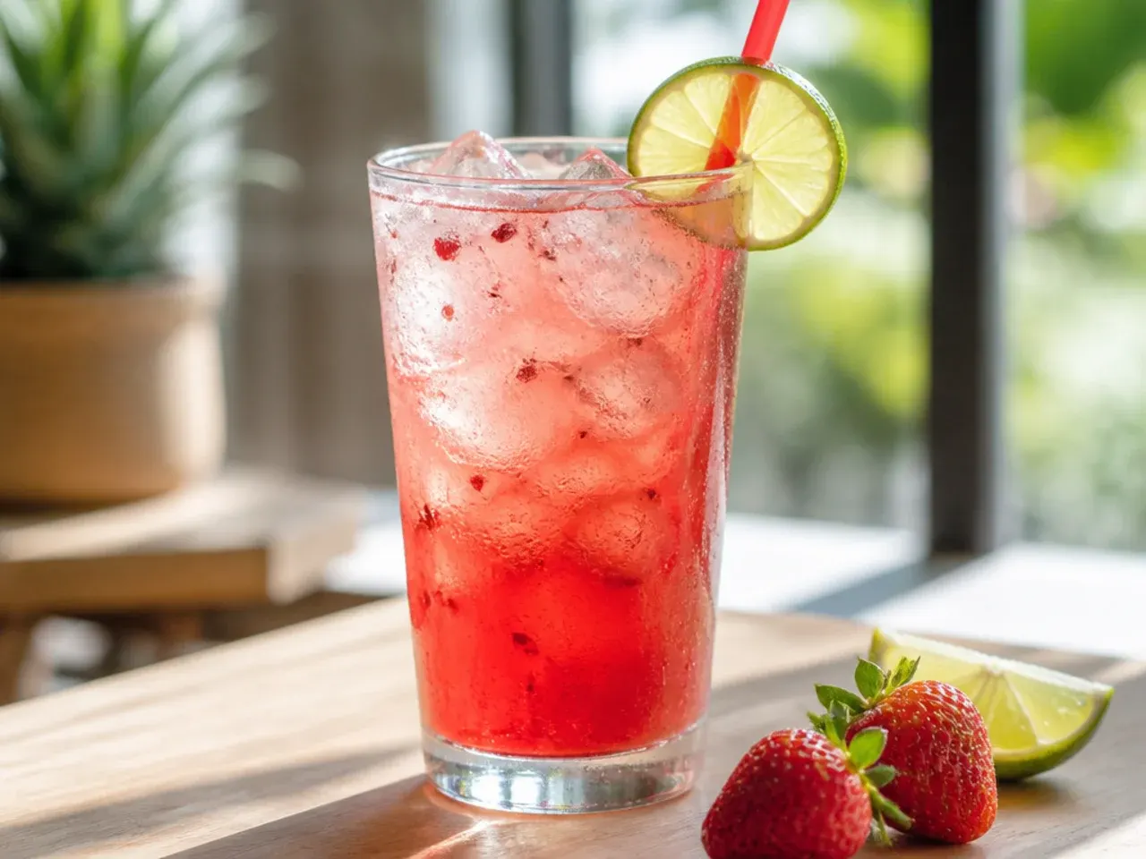 Overhead shot of ingredients for healthy sonic drinks including diet soda, limes, cherries and sugar-free syrup bottles