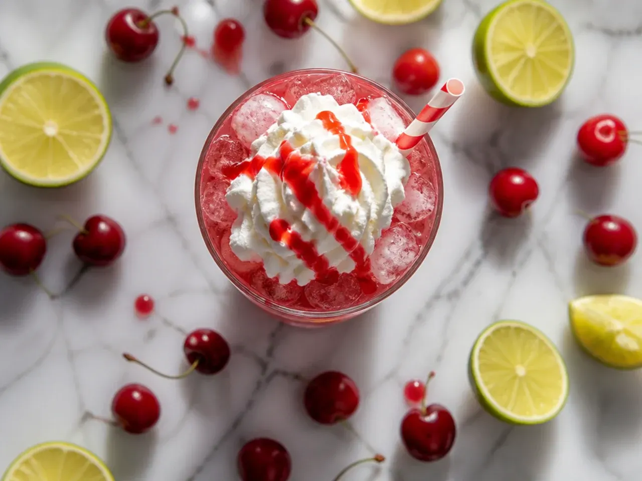 Glass of iced sugar-free cherry limeade with a cherry garnish and striped straw