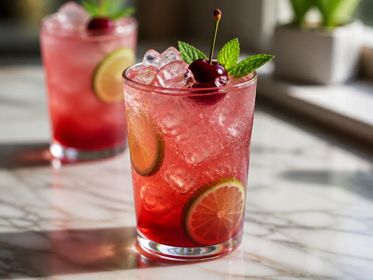 Diet cherry limeade with muddled fresh cherries visible in the glass