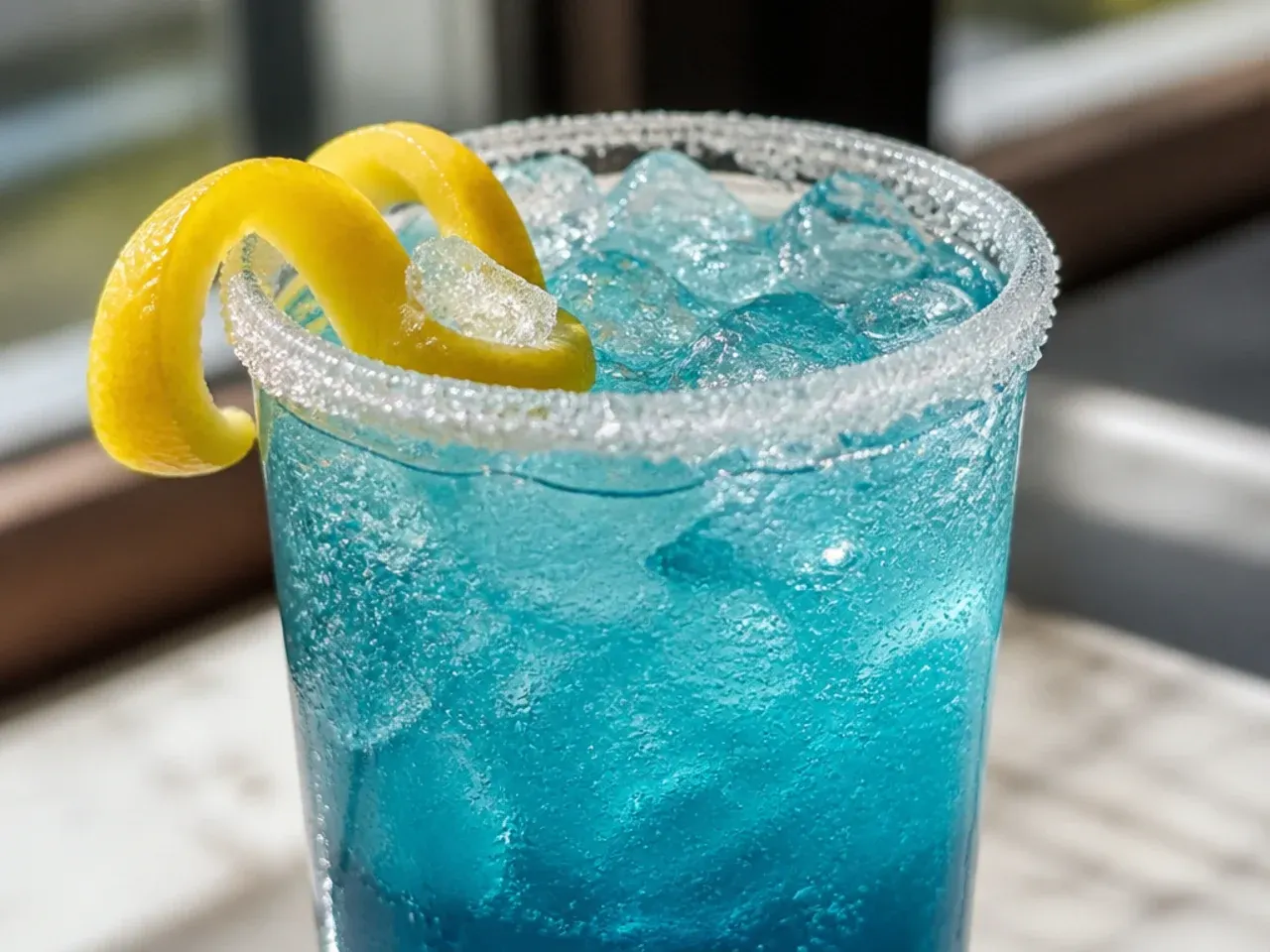 Bright blue Sonic-style ocean water copycat drink with ice in a clear cup