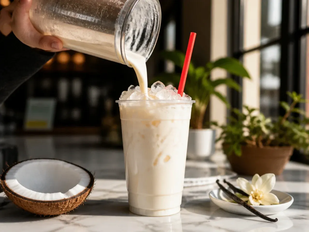 Creamy coconut vanilla soda drink with a light foam layer on top