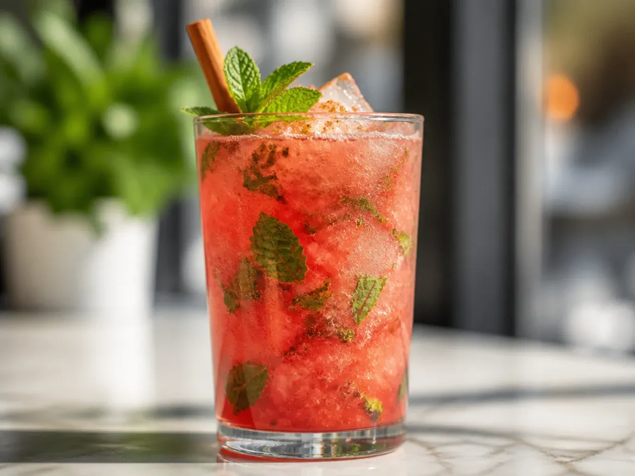 Pink watermelon mint sparkling drink garnished with a mint sprig and lime wheel