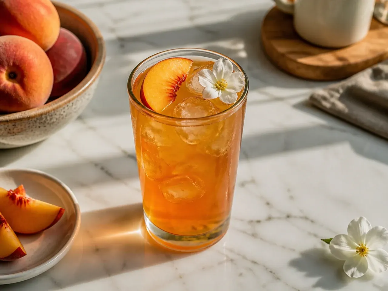 Amber peach iced tea in a tall glass with ice and a peach slice garnish
