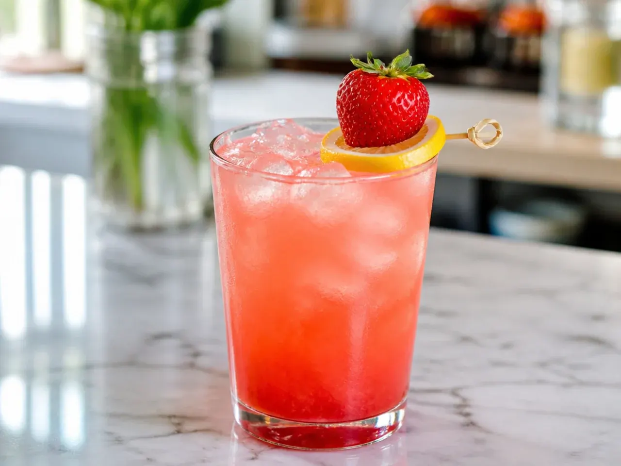 Strawberry lemonade with muddled strawberry pieces and a lemon wheel garnish