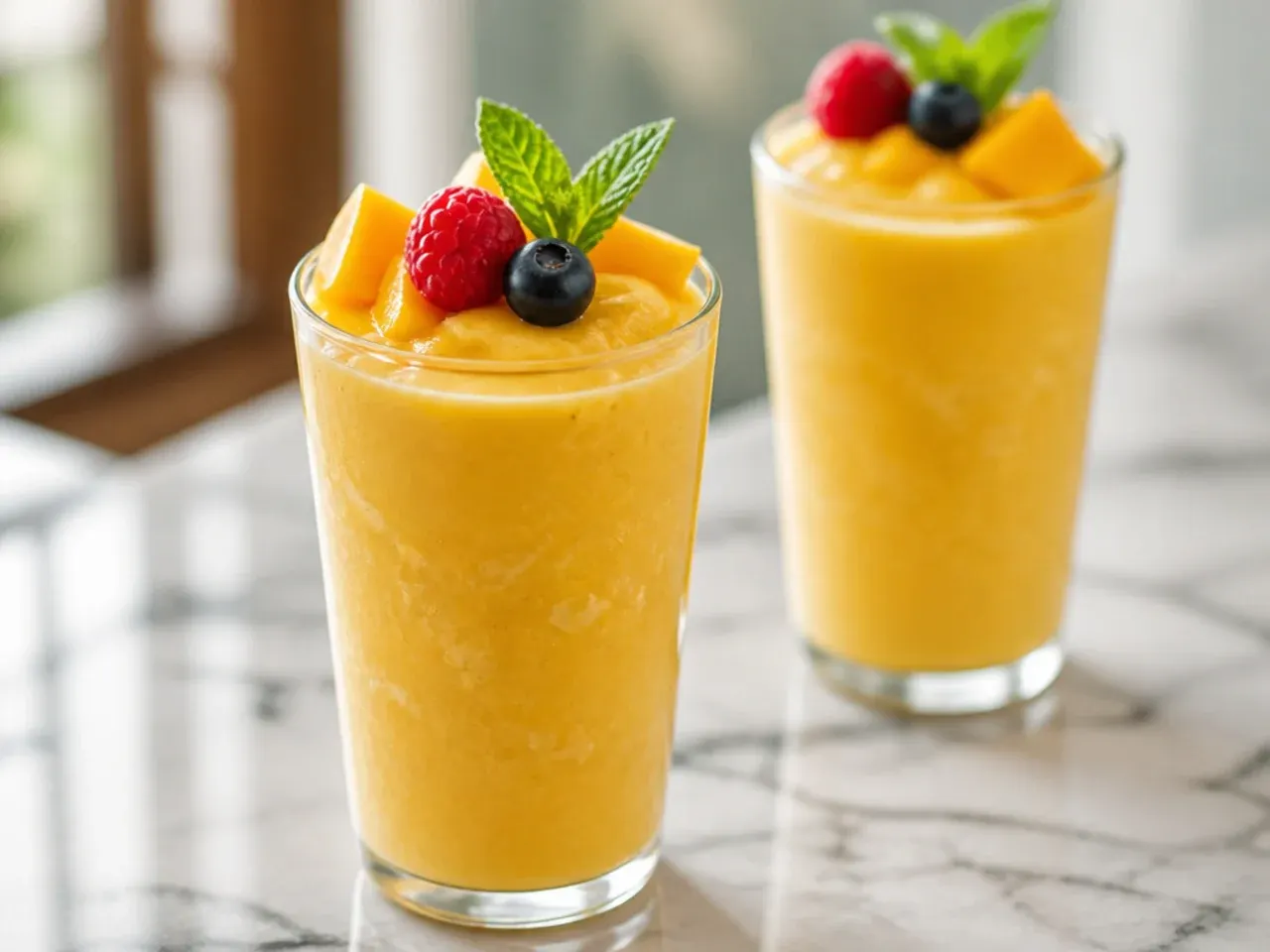 Orange mango coconut blended drink topped with fizzy soda in a tall cup