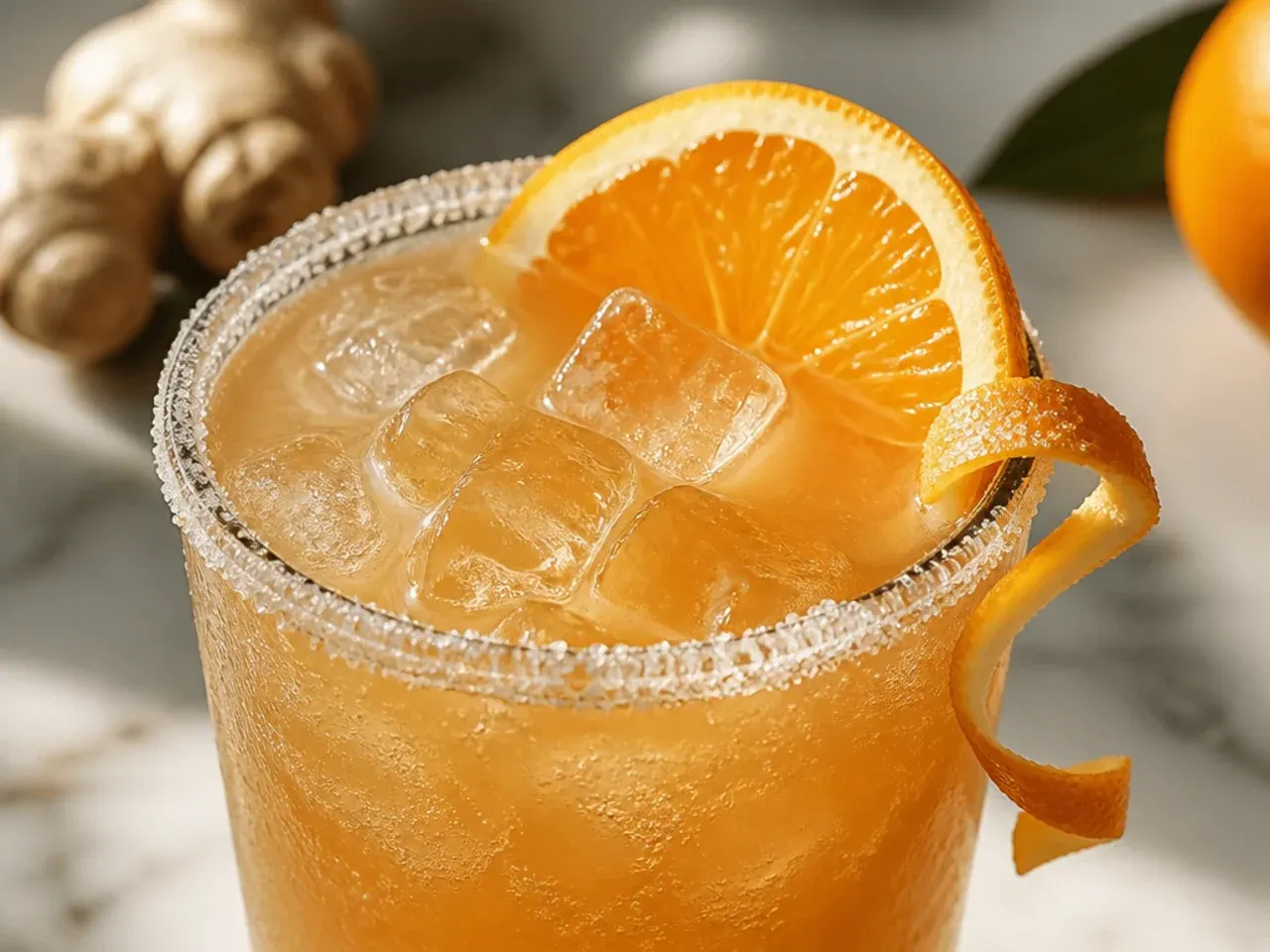 Ginger citrus sparkling drink with orange and lime slices and fresh ginger pieces