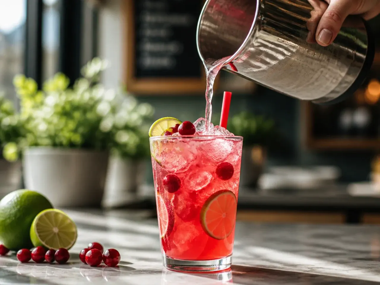 Ruby red cranberry lime sparkling drink garnished with fresh cranberries and a lime wheel