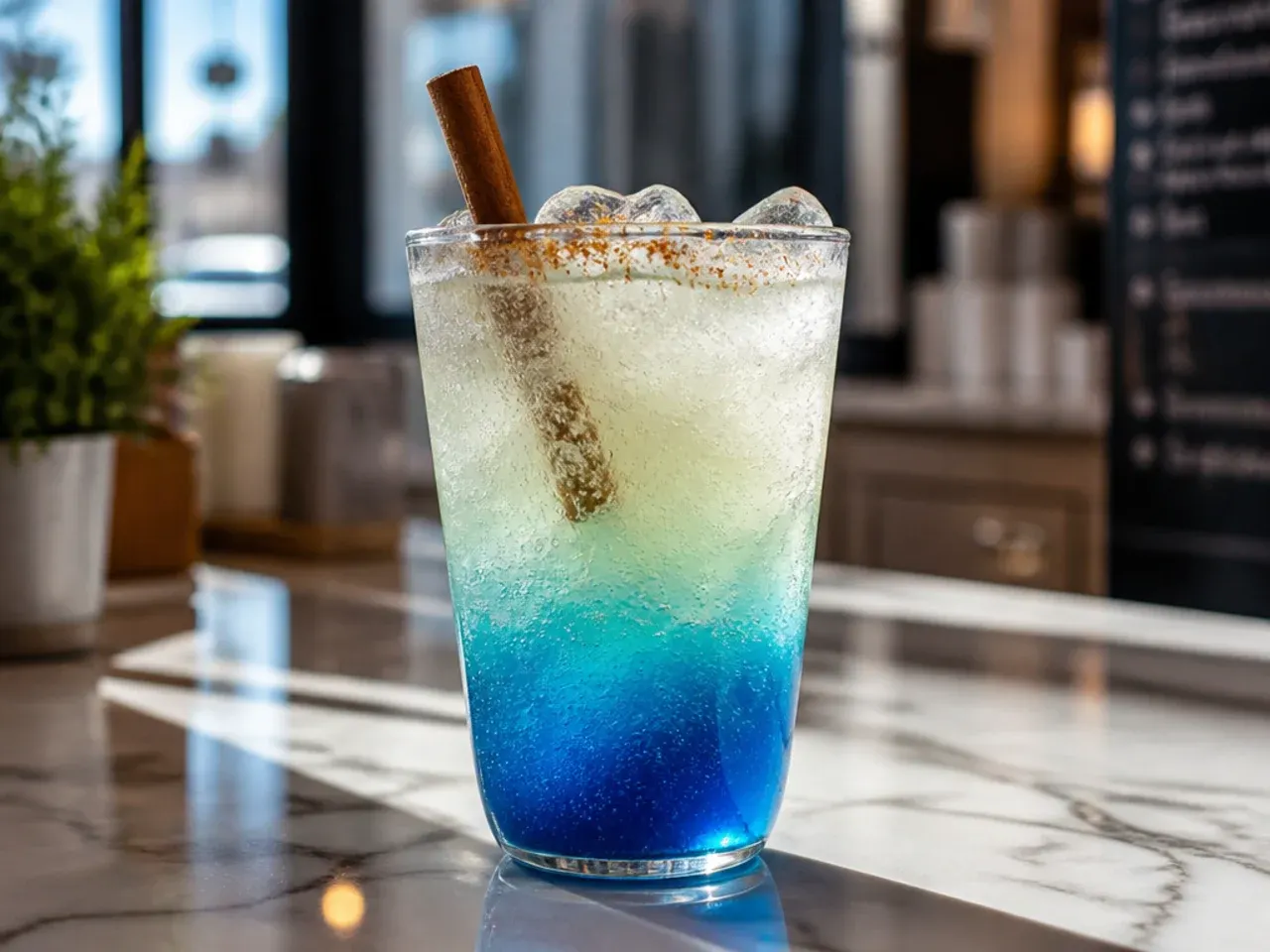 Layered blue raspberry ocean water drink showing distinct blue and white layers