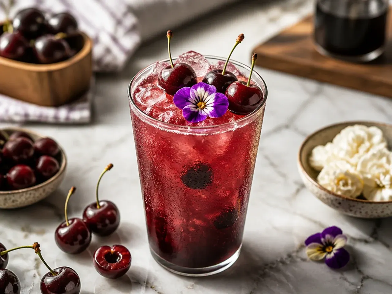 Dark cherry cola drink with vanilla in a glass with cherries on top