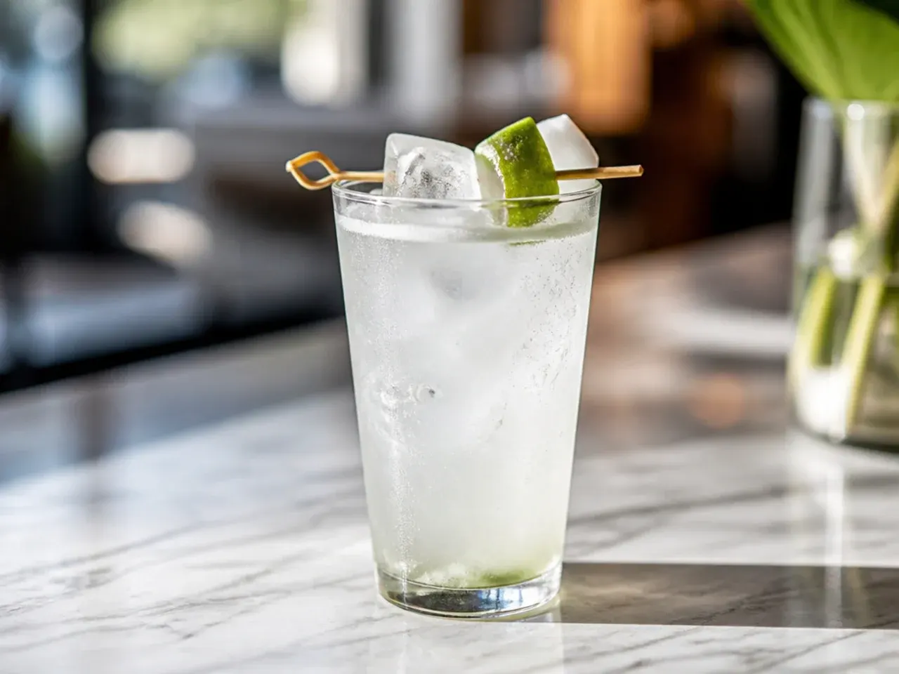 Pale coconut electrolyte sparkling drink in a glass with ice and a coconut garnish