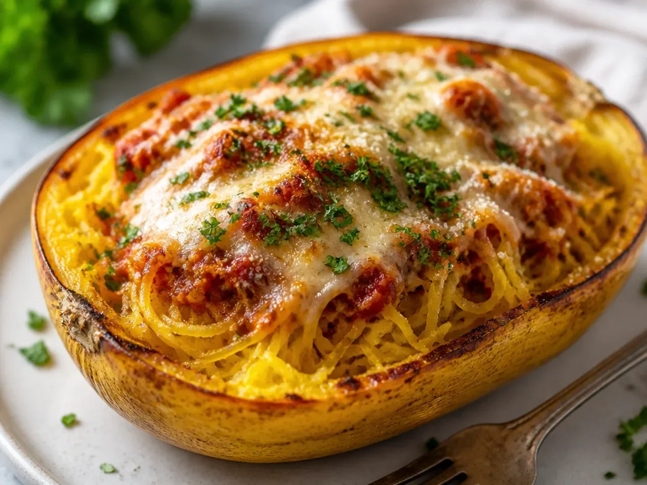 Overhead shot of roasted spaghetti squash halves with a fork pulling out golden strands