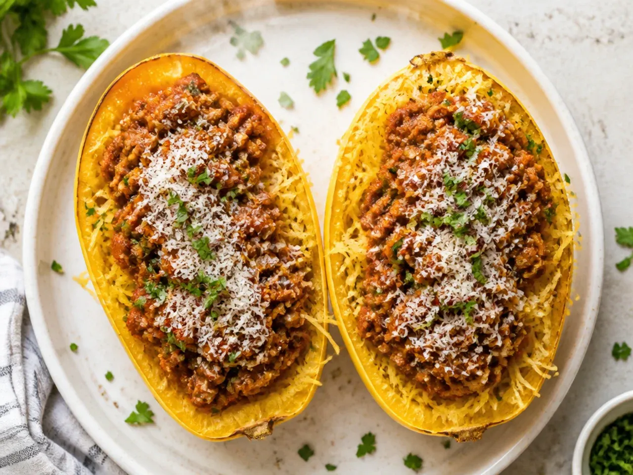Spaghetti squash boat filled with turkey bolognese sauce and melted mozzarella