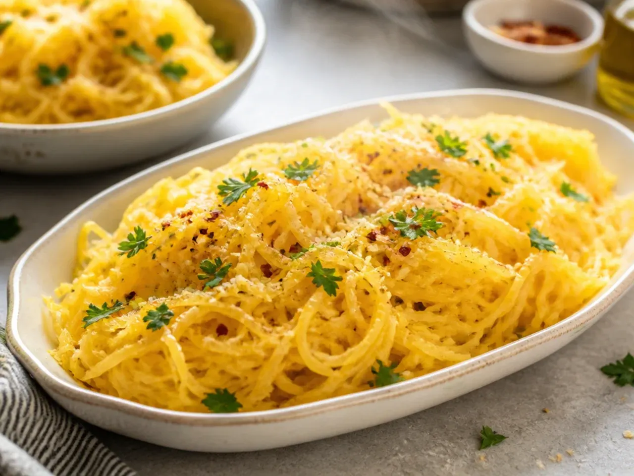 Spaghetti squash strands tossed with garlic butter and Parmesan in the roasted shell