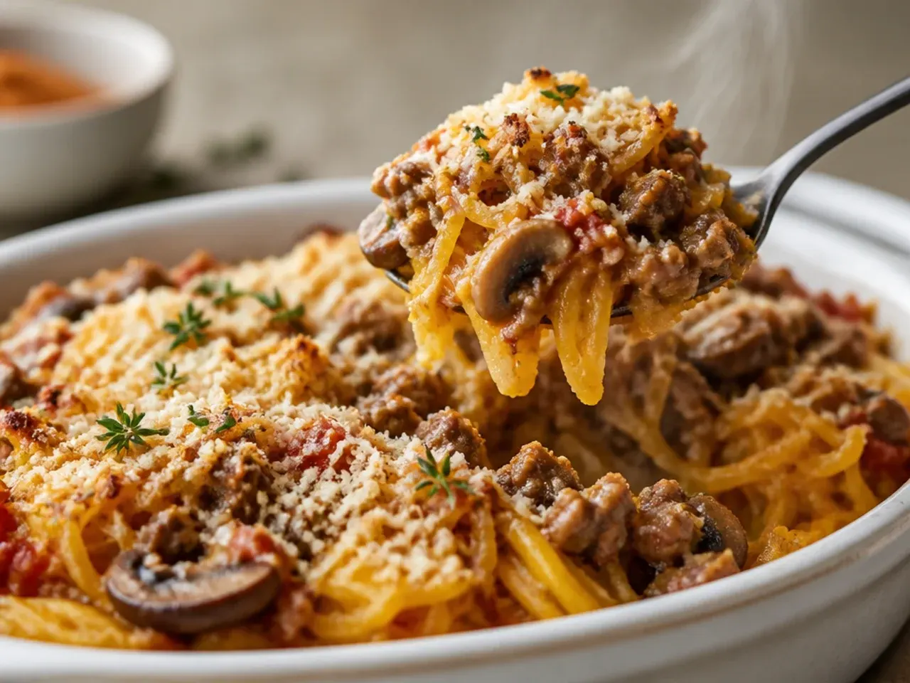 Rich beef and mushroom ragù spooned over spaghetti squash strands