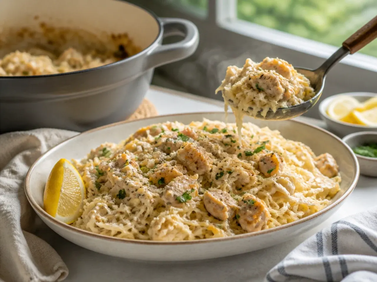 Creamy chicken Alfredo sauce coating spaghetti squash strands in a skillet