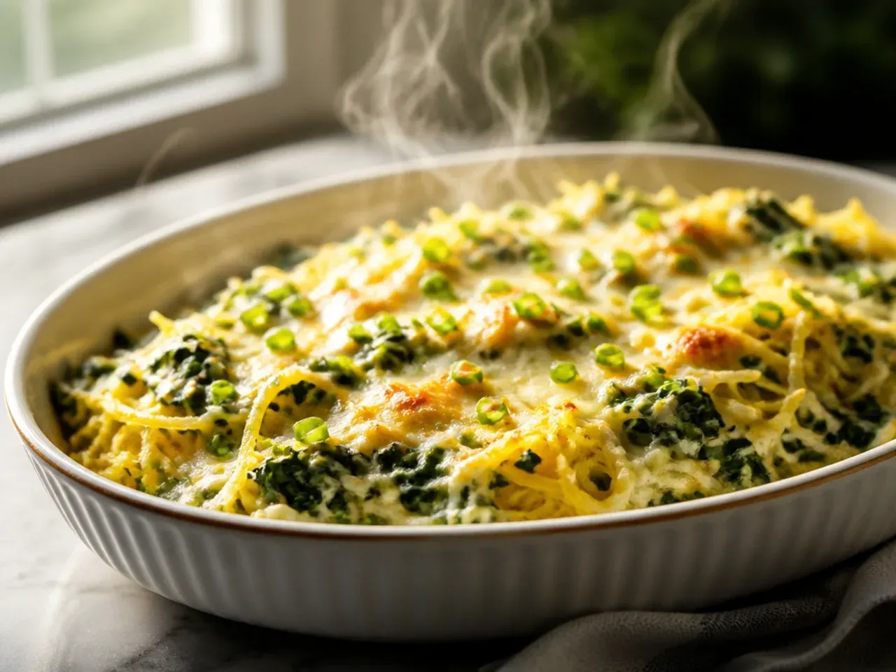 Spaghetti squash strands folded with wilted spinach and creamy ricotta