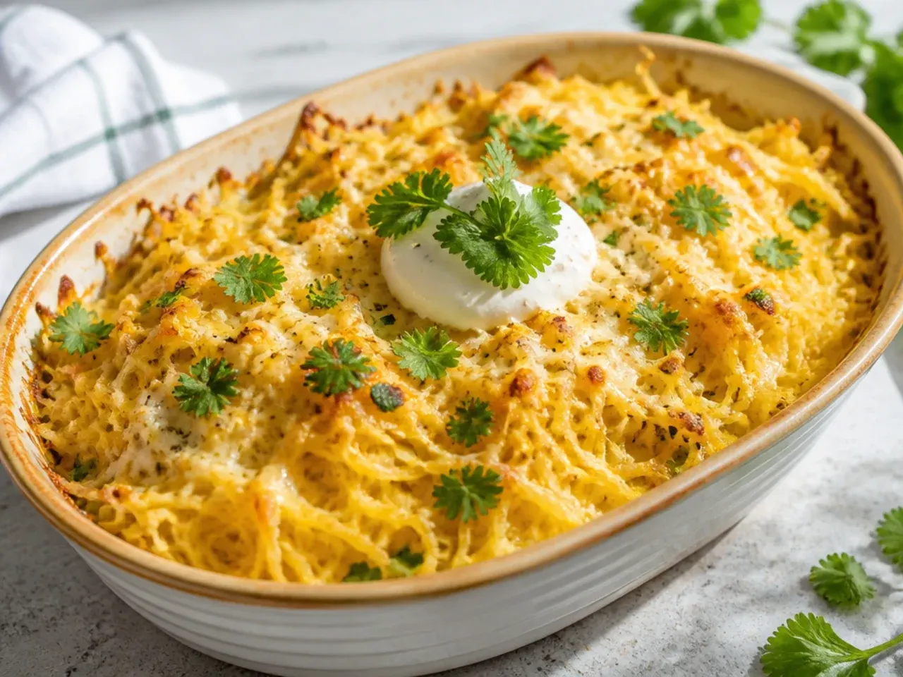Golden bubbling four-cheese spaghetti squash bake fresh from the oven