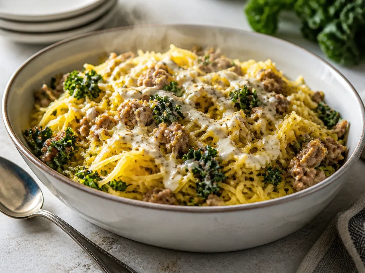 Sausage and kale sauce stirred through spaghetti squash strands in a pan