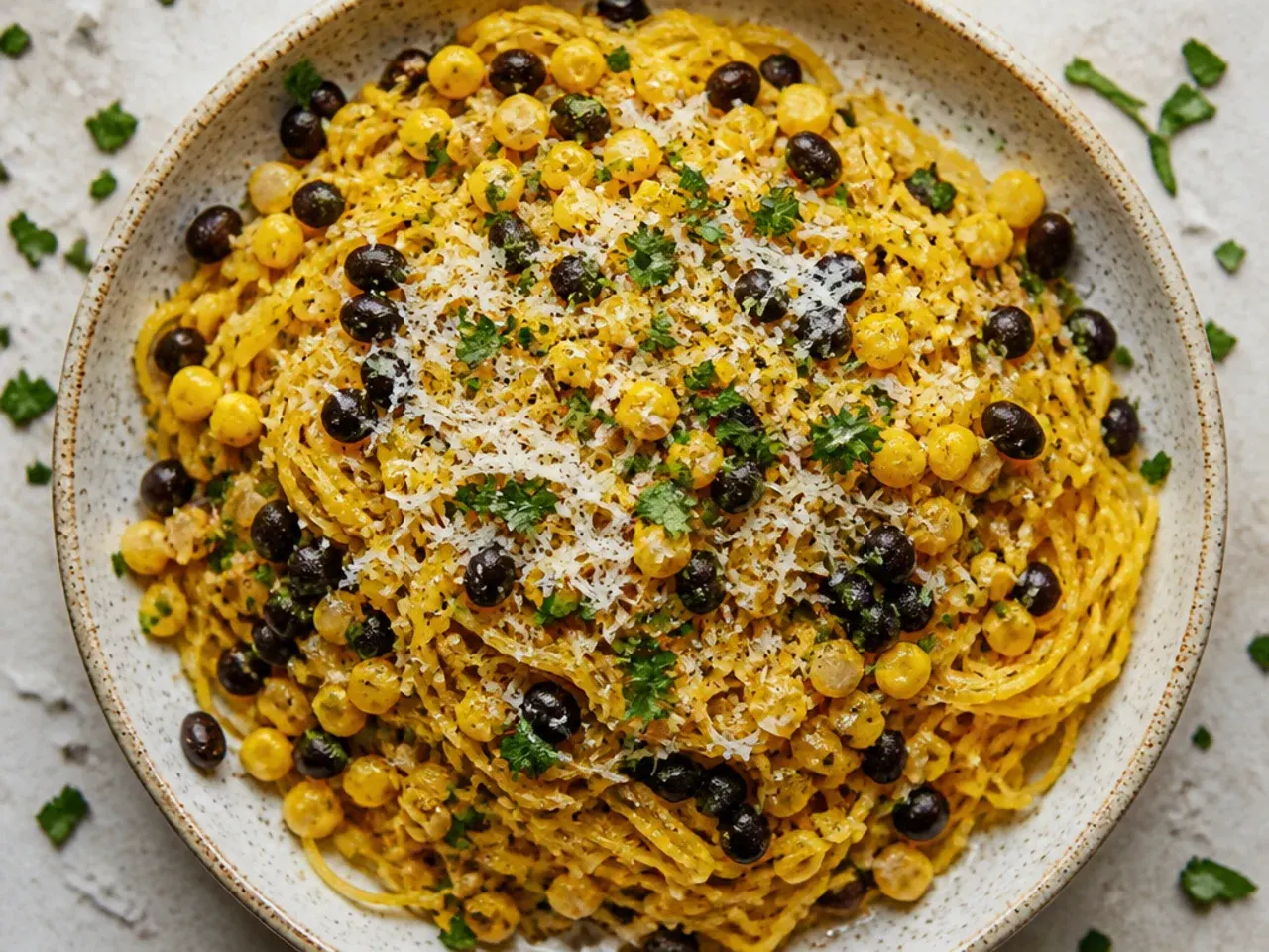 Black beans and sweetcorn tossed through spaghetti squash strands with cheddar